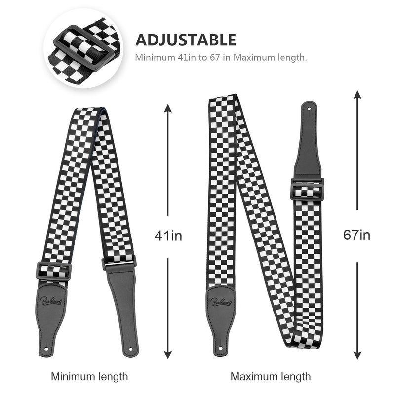 BestSounds Guitar Strap, Bass Guitar Strap, Electric and Acoustic Guitar Straps - Durable Nylon Checkered Guitar Shoulder Strap with Leather Ends (Black and White Checkered) - Image 2